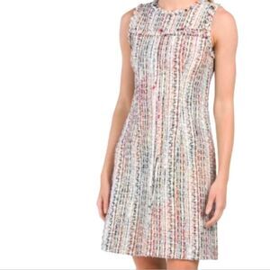 Elie Tahari Dean Tweed Sleeveless Dress Size 8 Multicolor Fringe Seams Zip Back